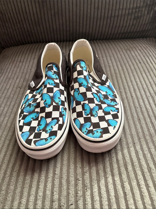 Vans Shoes - Vans Black and & Blue Checkerboard Slip-On with Butterfly Print